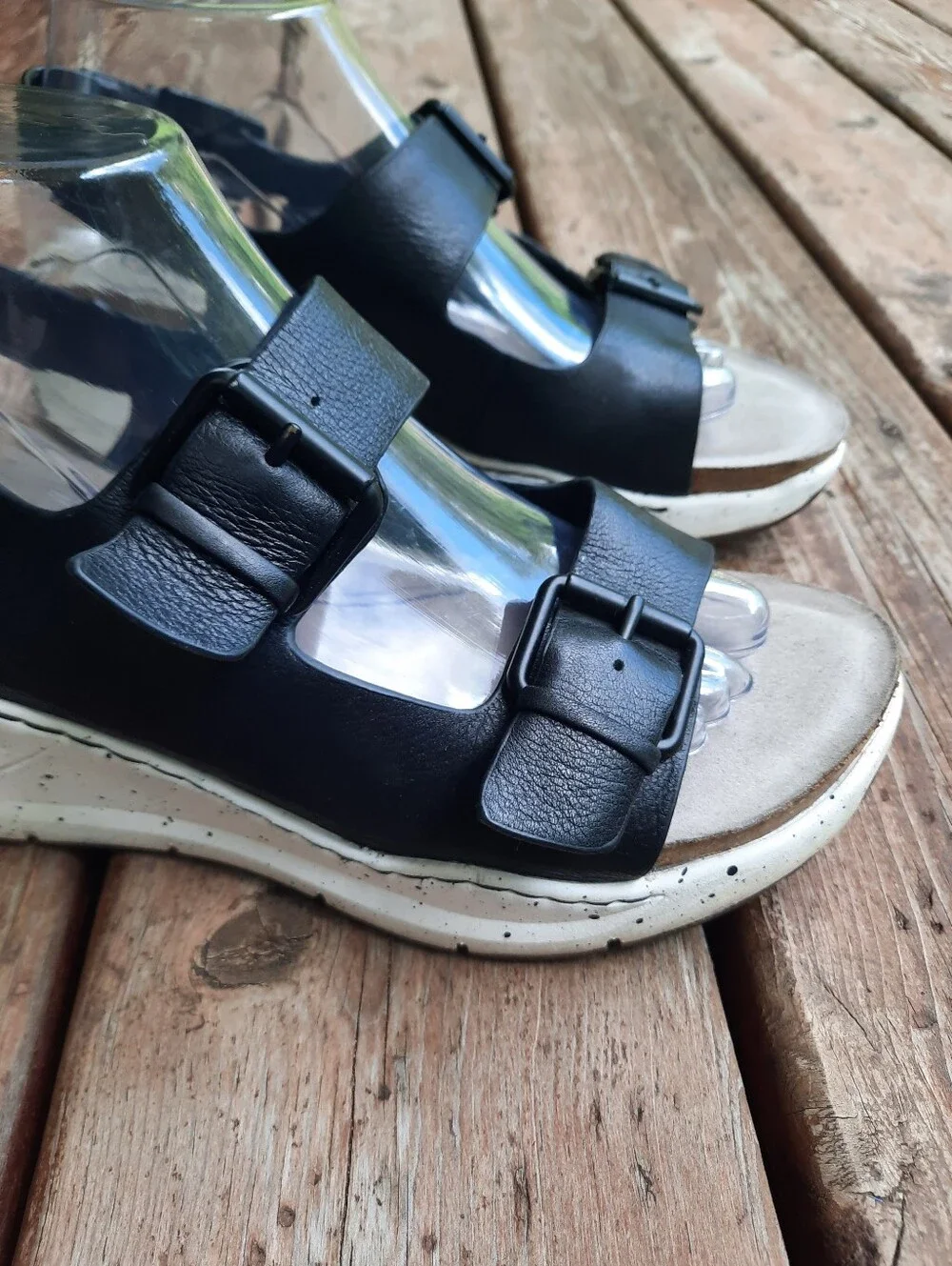 Bionica Olin Black Leather Slingback Ankle Strap Buckle Wedge Sandals Size 9
